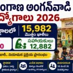 Telangana Anganwadi Teacher Helper Recruitment 2026 poster showing 15,982 vacancies including 3,100 Teacher posts and 12,882 Helper posts across 33 Telangana districts.