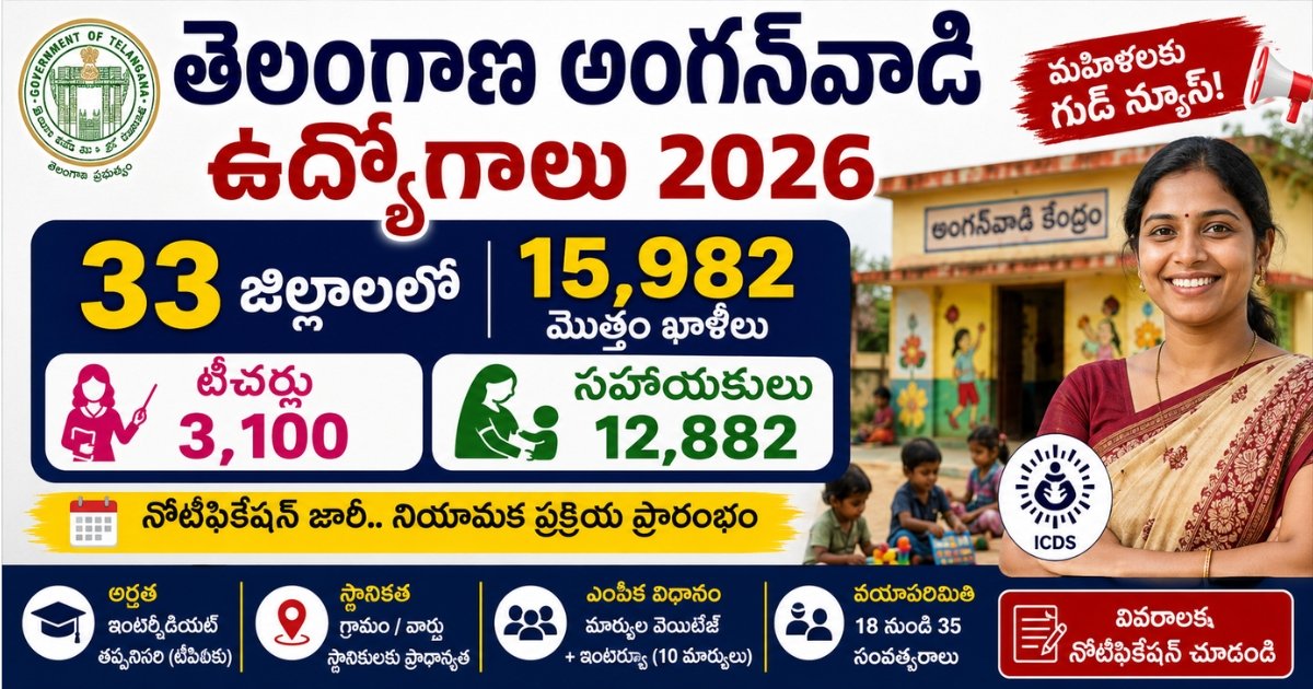 మహిళలకు భారీ గుడ్ న్యూస్.. 3100 టీచర్లు, 12,882 సహాయక ఉద్యోగులకు నోటిఫికేషన్ విడుదల.. ఇలా దరఖాస్తు చేసుకోండి 1 Telangana Anganwadi Teacher Helper Recruitment 2026 poster showing 15,982 vacancies including 3,100 Teacher posts and 12,882 Helper posts across 33 Telangana districts.